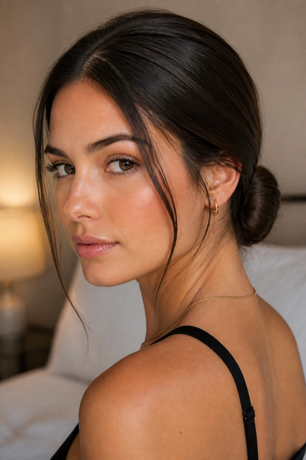 Close-up of a real woman with a sleek low bun and face-framing pieces in warm window light