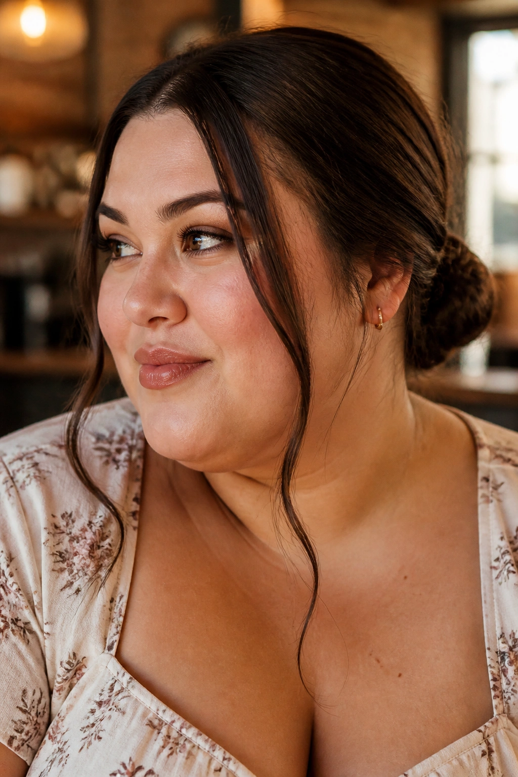 Close-up of a real woman with a low bun at the nape and face-framing strands around the temples