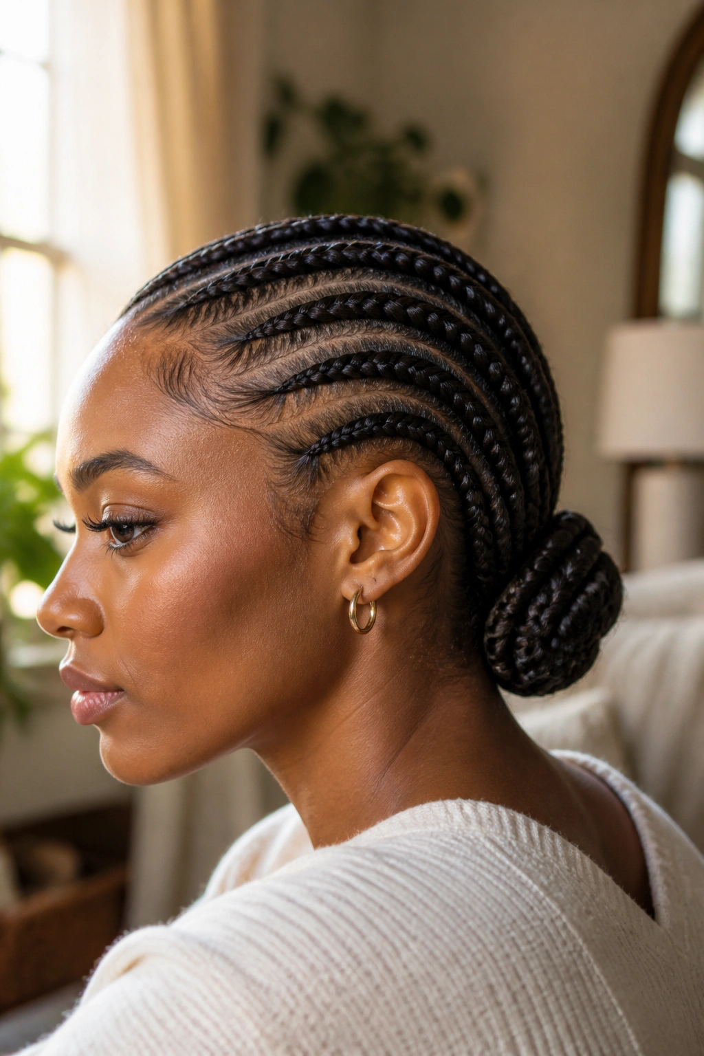 Close-up of a real woman with a low bun Ghana braid at the nape in a warm cozy setting