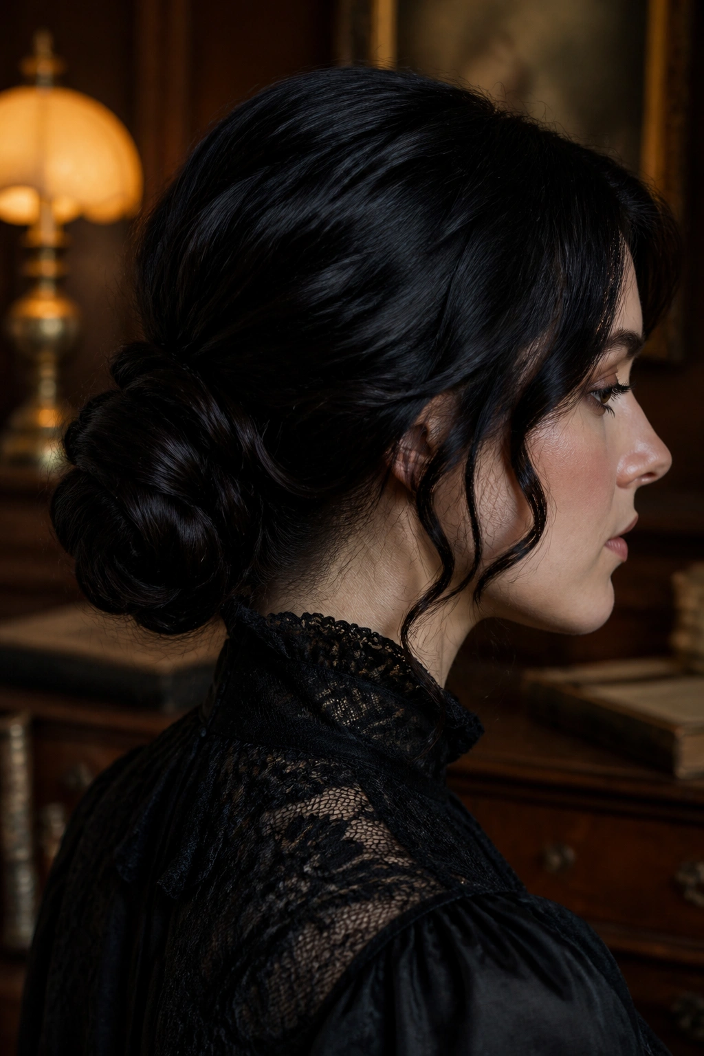 Close-up of a real woman with a Victorian low bun at the nape