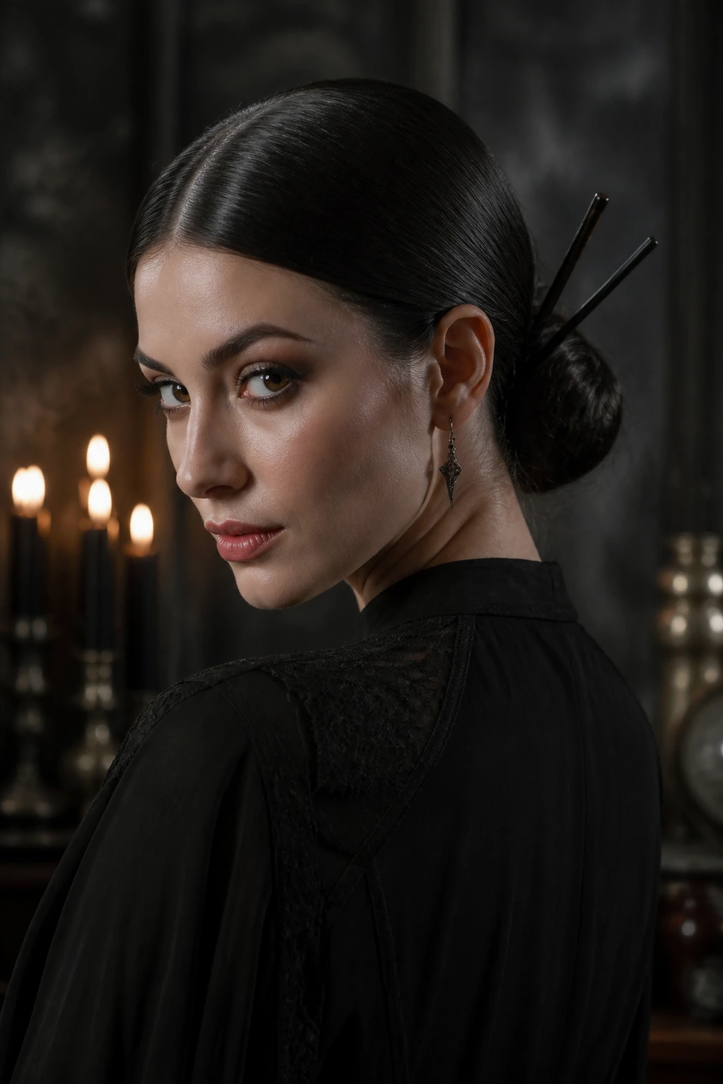Real woman with sleek low bun and hair sticks against a moody gothic backdrop