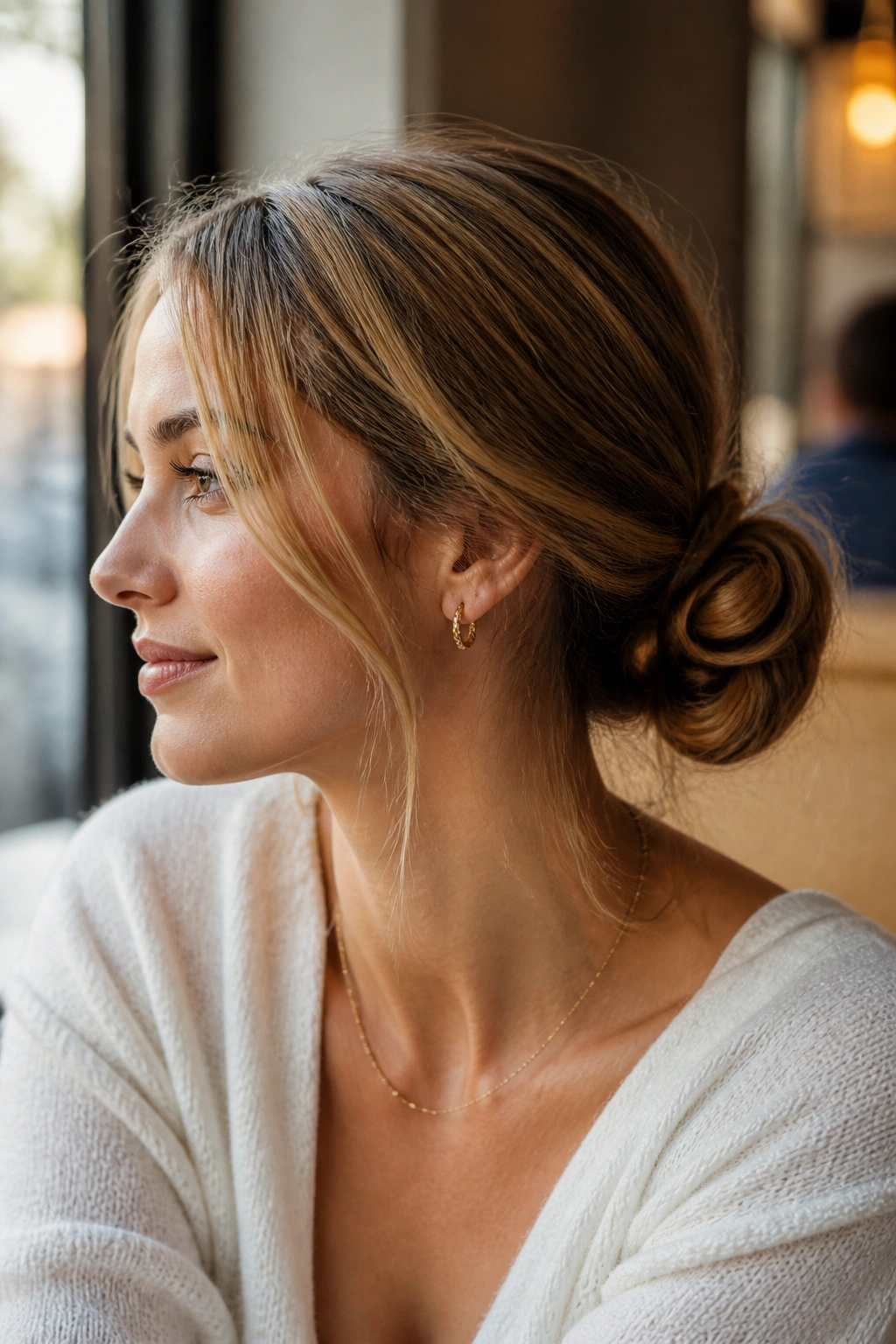 Close-up of a woman wearing a loose low bun at the nape of the neck