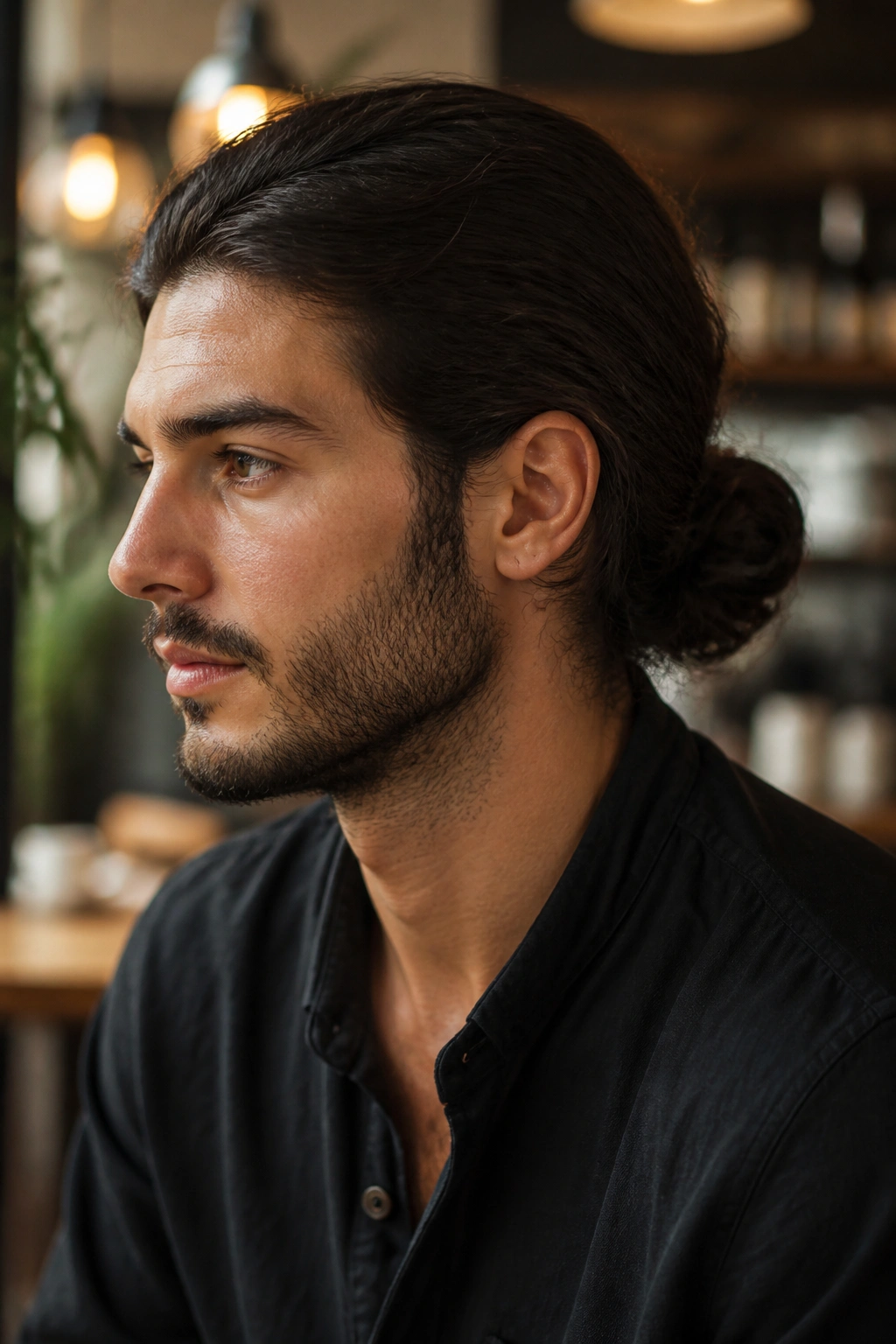Real man with a low, neatly tied bun at the nape in a warm cafe setting.
