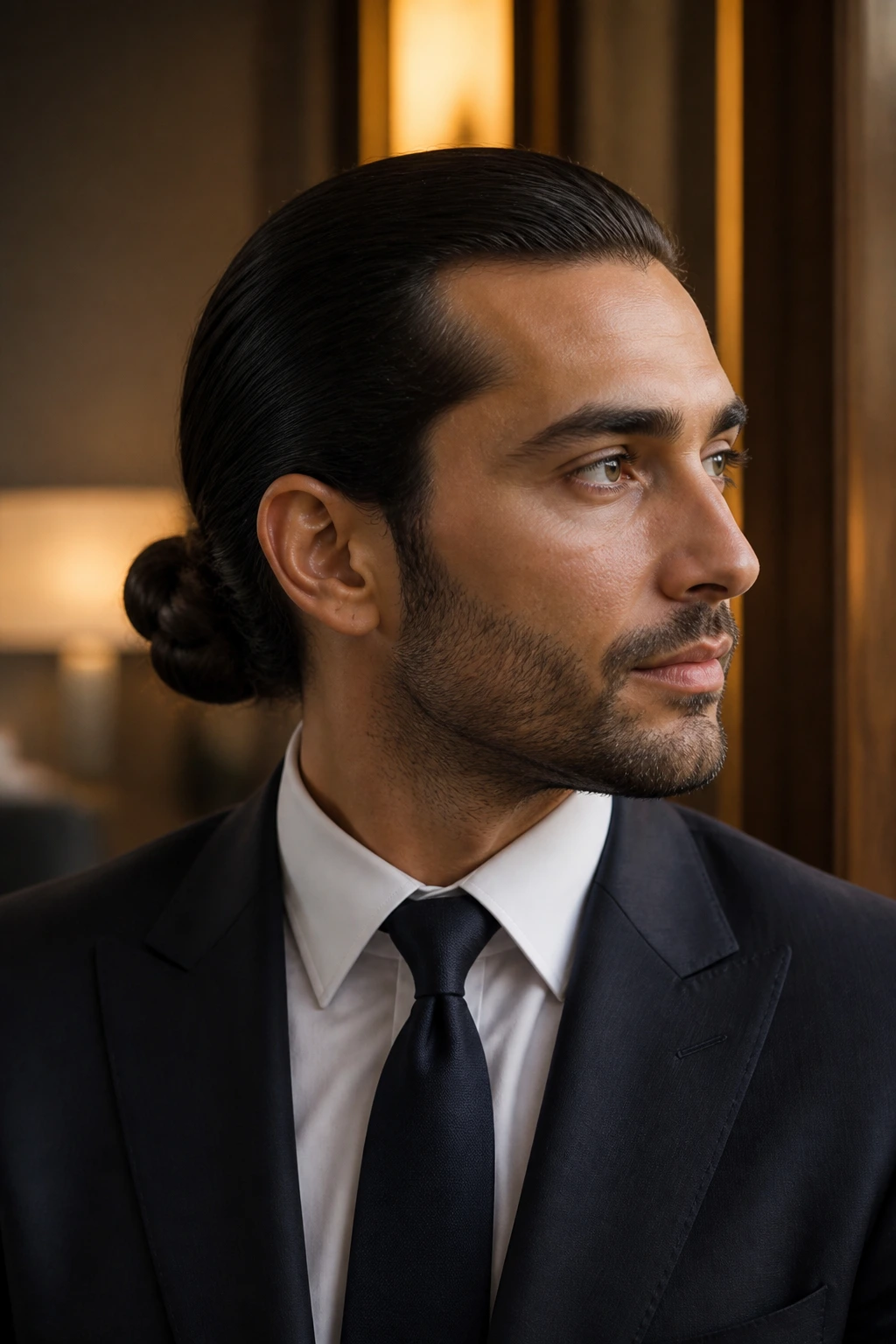 Portrait of man with low bun hairstyle in formal attire