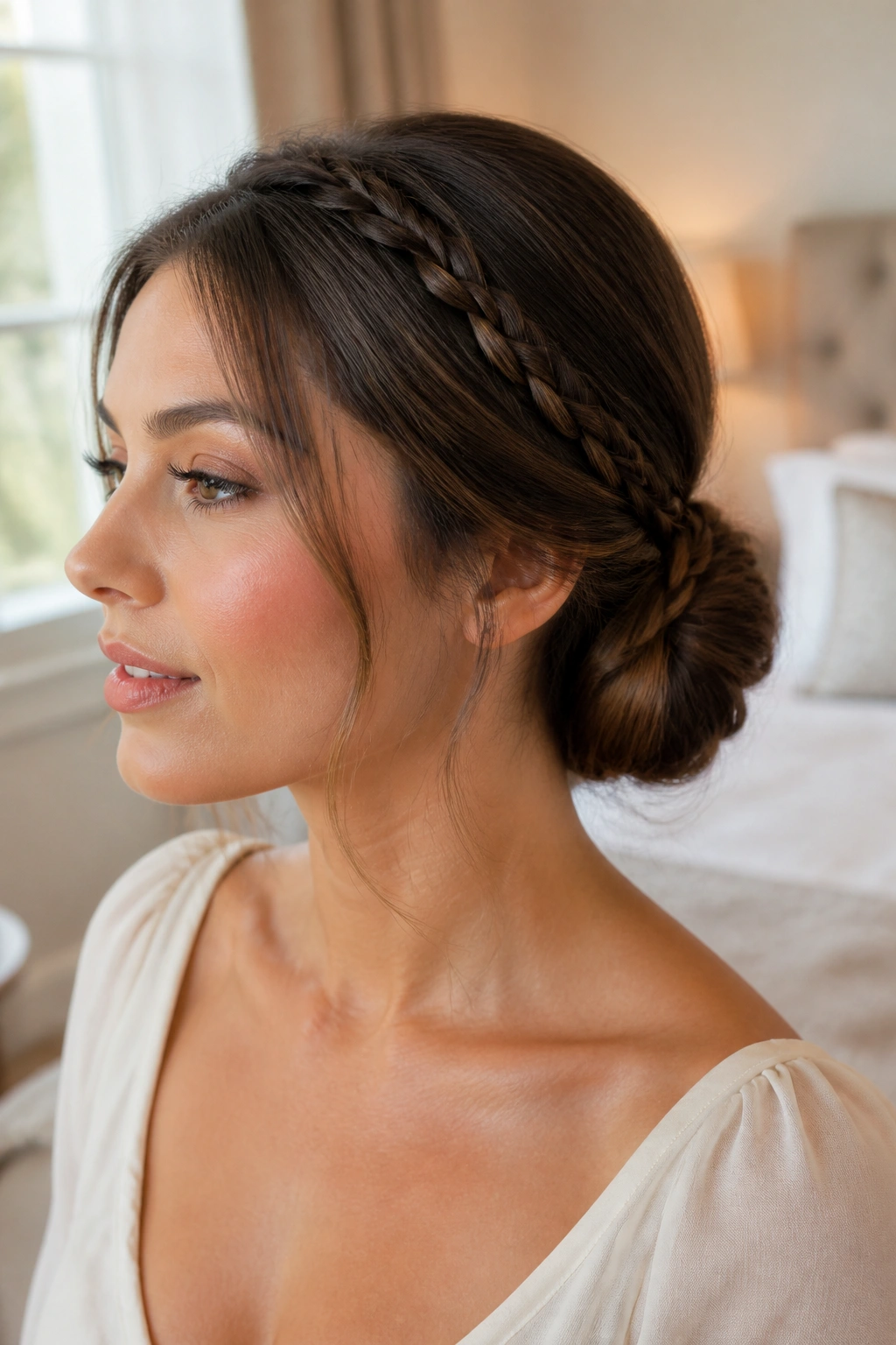 Close-up of a woman with low bun and hidden braids