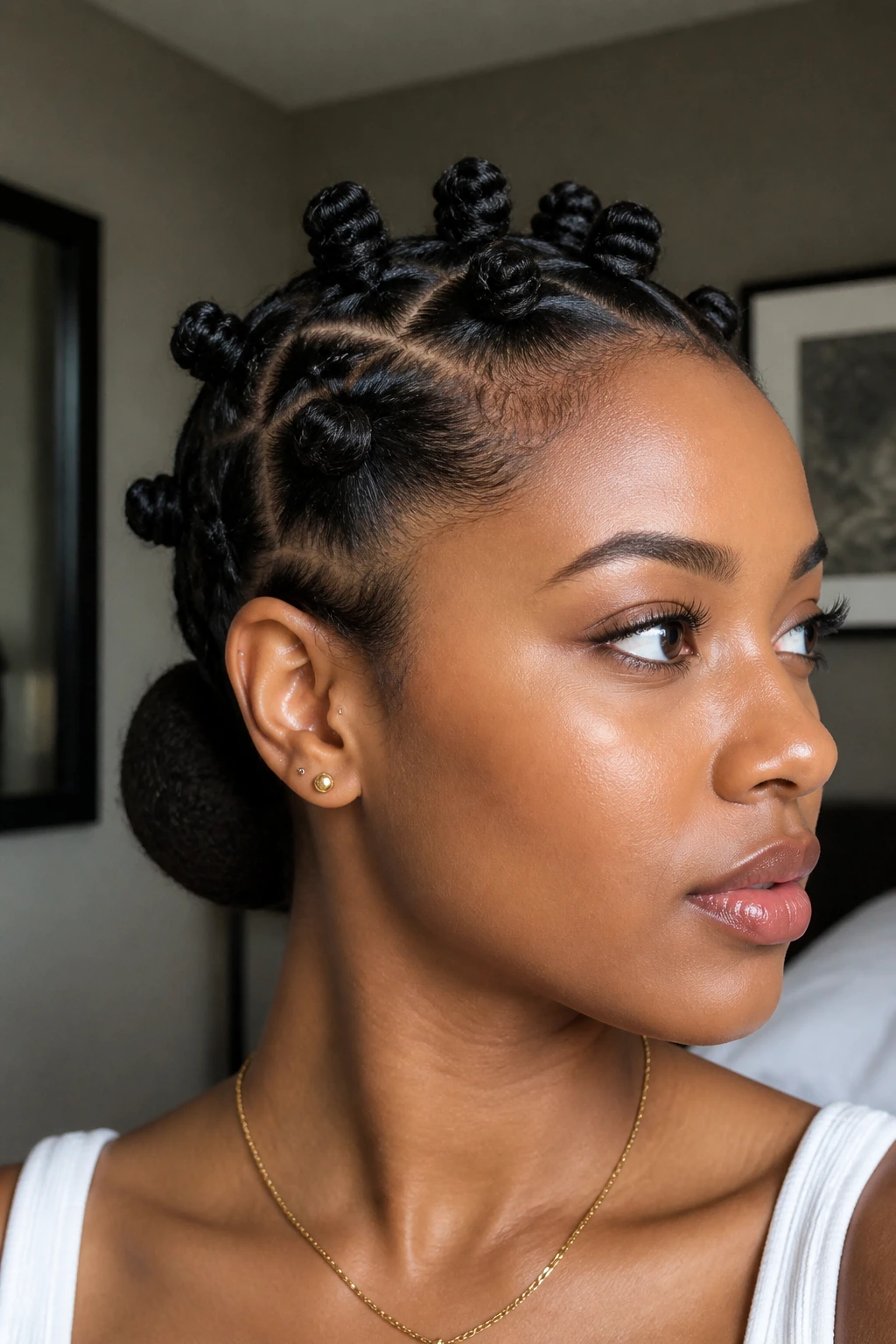 Close-up of a real person with knots and a low bun hybrid hairstyle