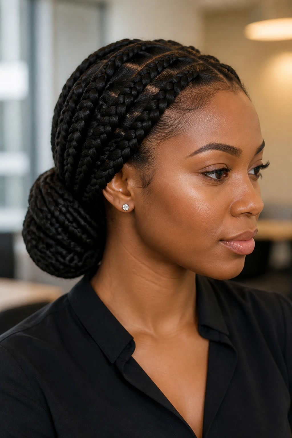 Real person with jumbo box braids in a low sculpted bun