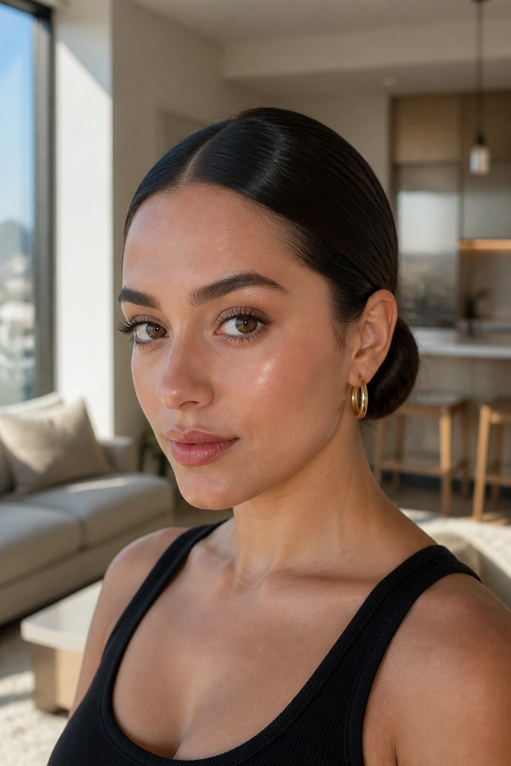 Portrait of a real woman with a sleek low bun and middle part