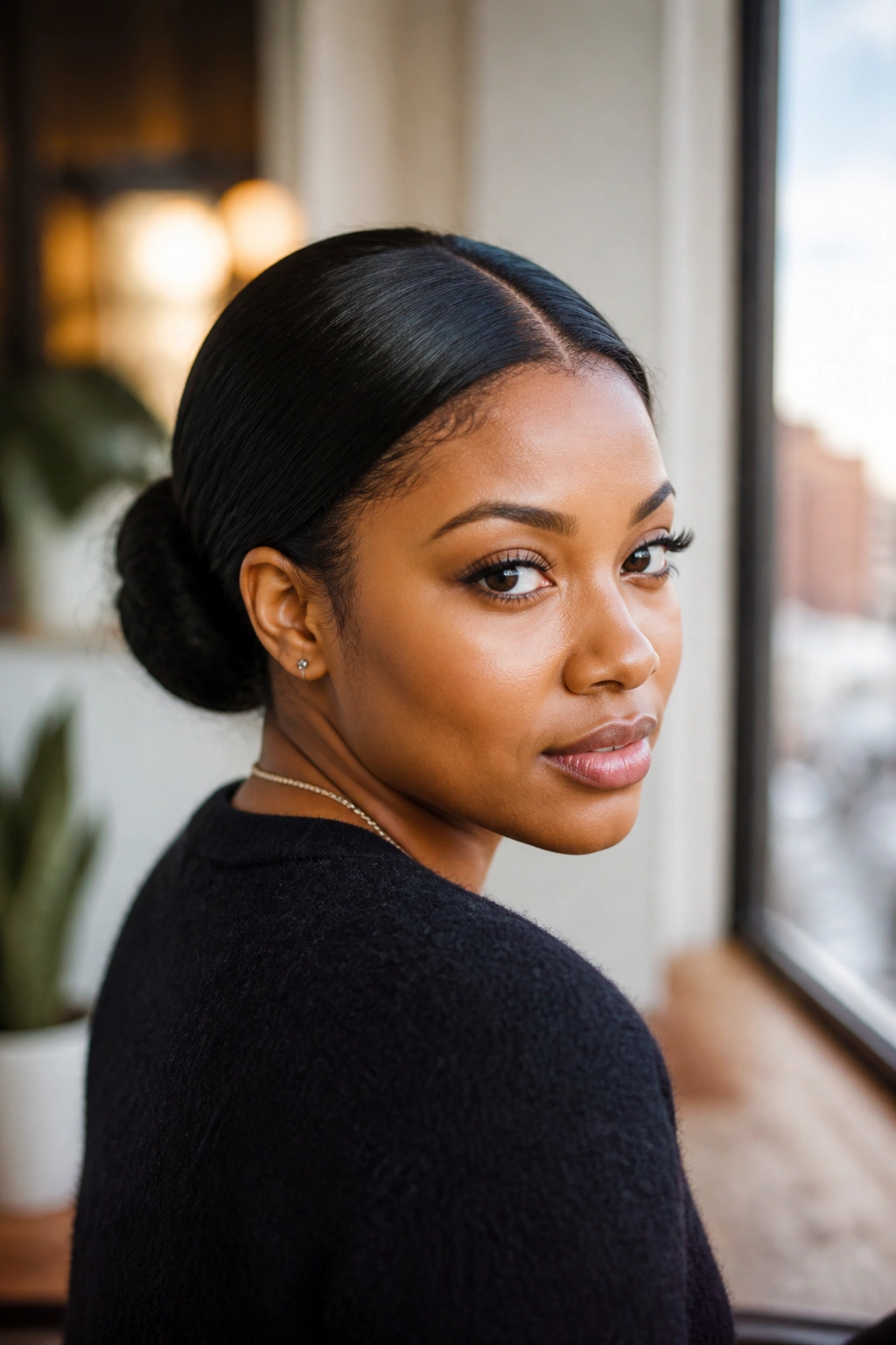 Close-up of a Black woman with a low bun and middle part.