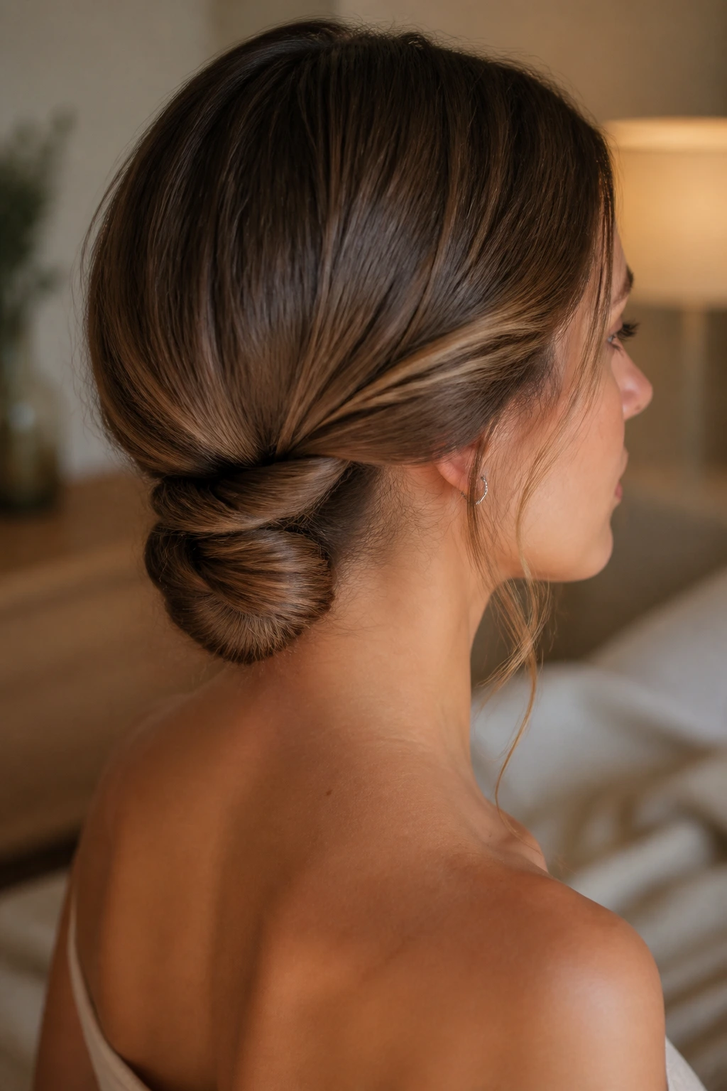 Close-up of a real woman with a low twisted bun at the nape