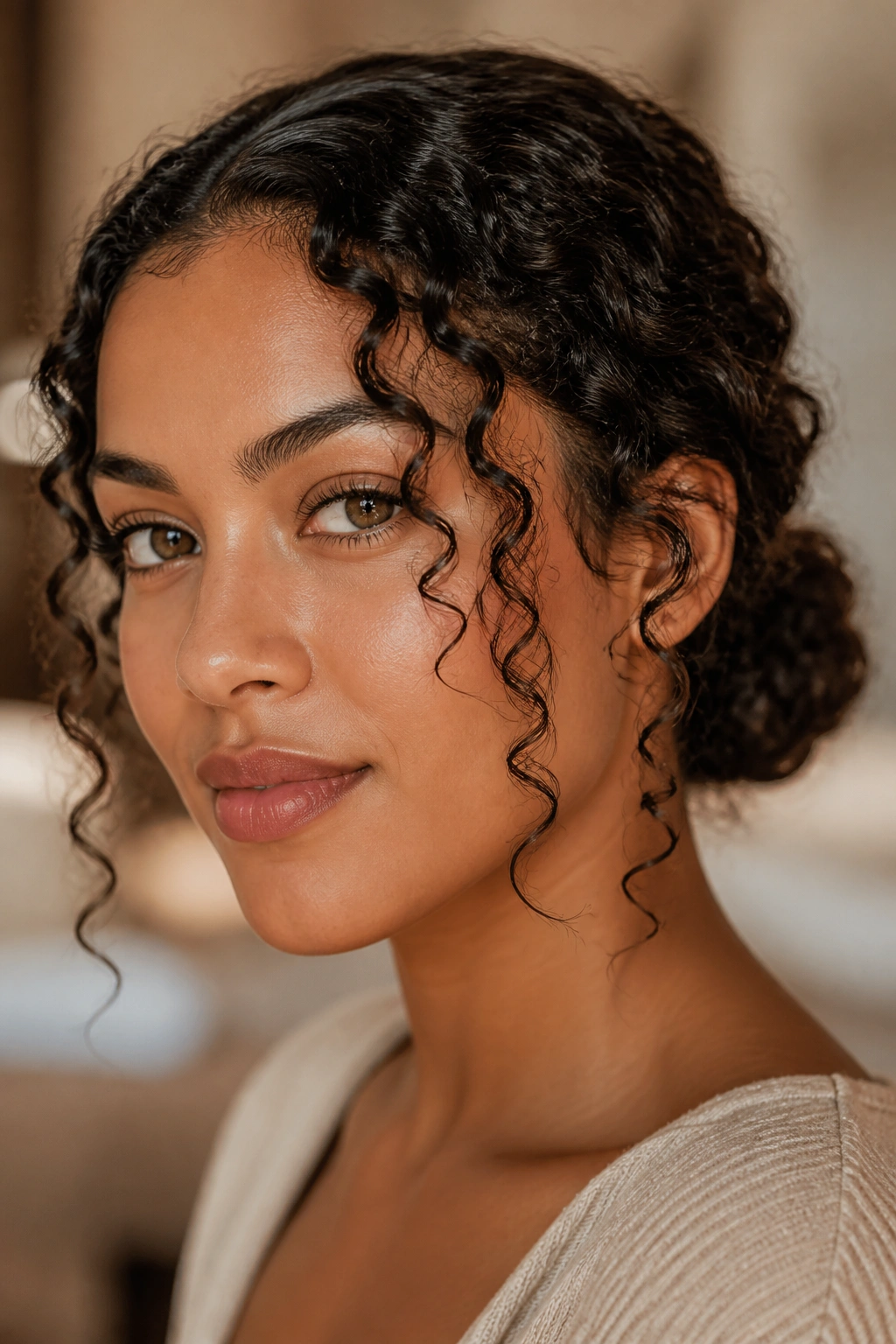 Close-up of a real woman with a low bun and face-framing ringlets.