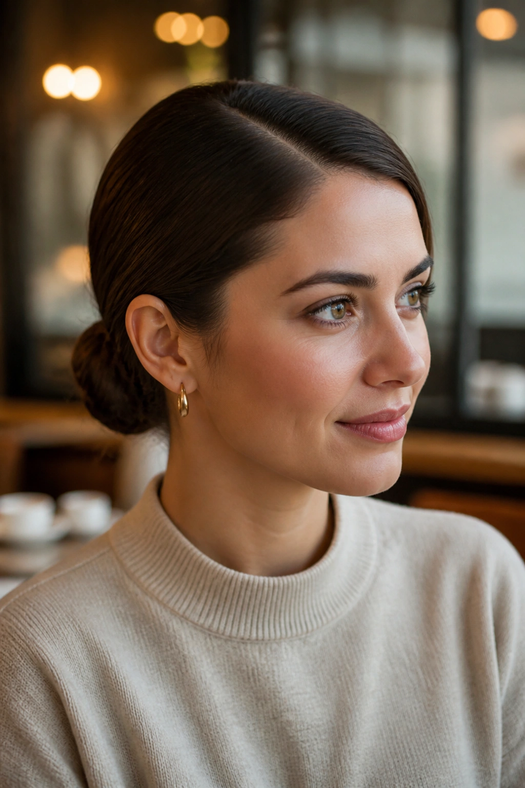 Close-up of polished low bun with side part on a real woman in cafe setting