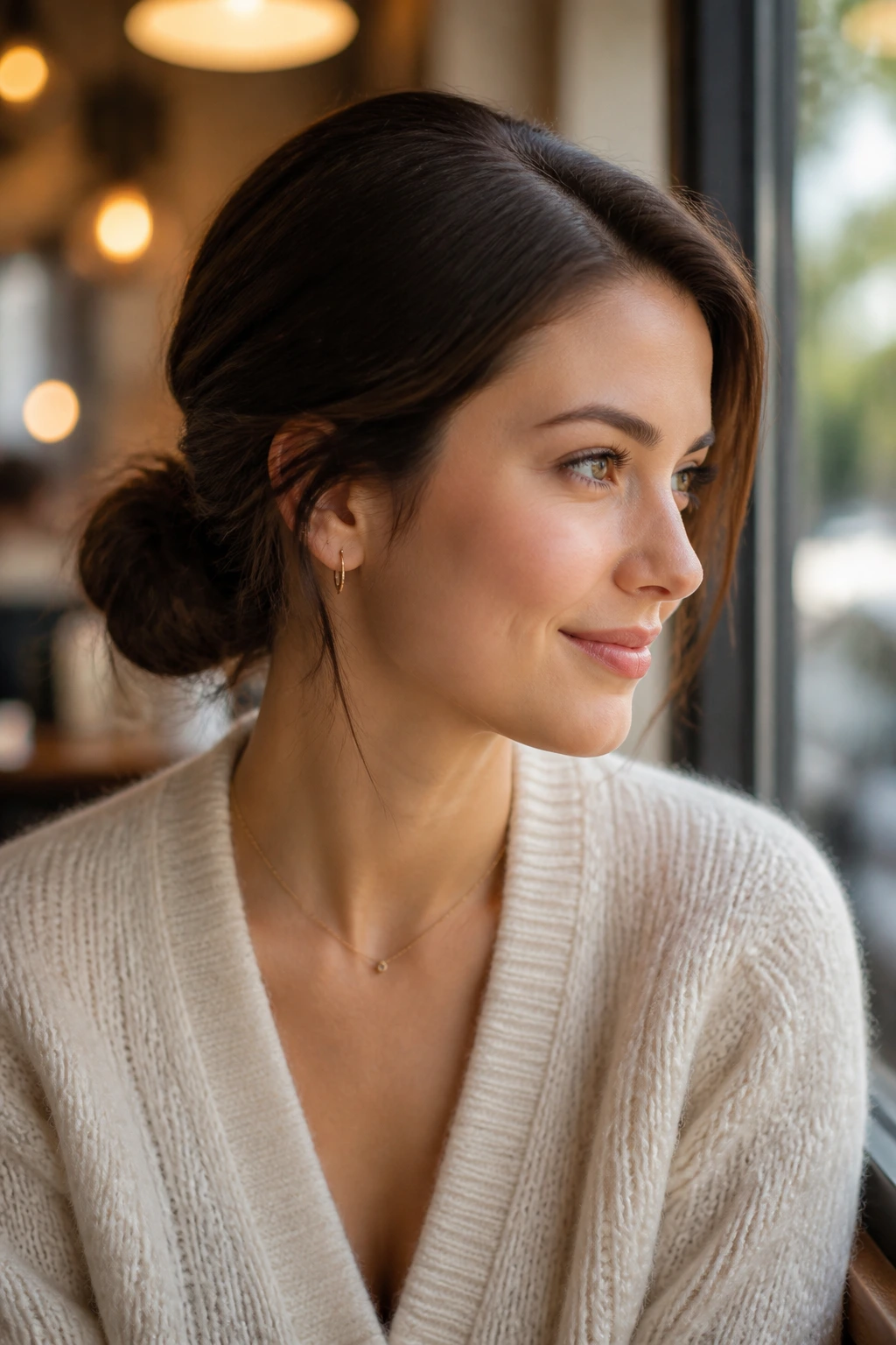 Medium close-up of a real woman with a low bun and side part