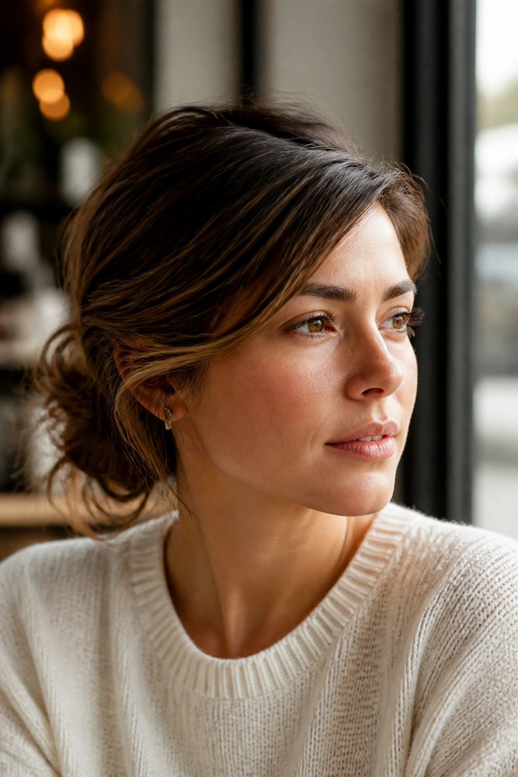 Close-up portrait of a real woman with a messy low bun and soft side part in cafe daylight