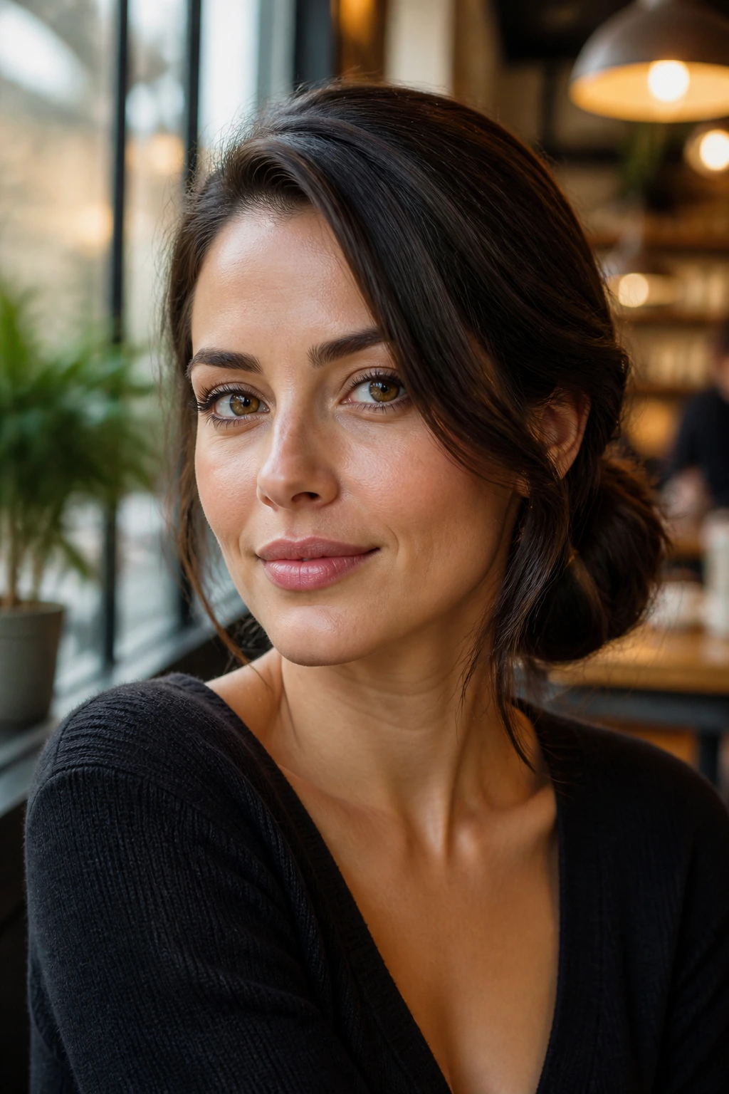 Portrait of woman with low bun and side sweep