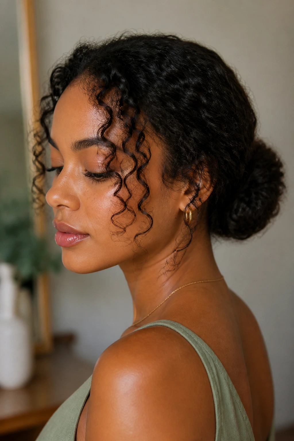 Portrait of a real woman with a low bun and face-framing tendrils in natural light