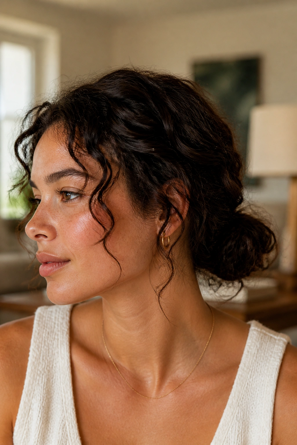 Close-up of a real person with a low bun and textured ends