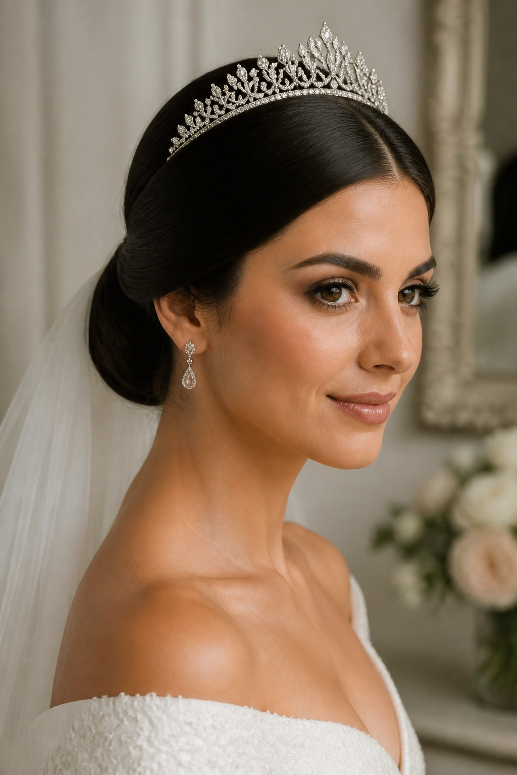 Close-up of a bride with a sleek low bun and classic tiara.