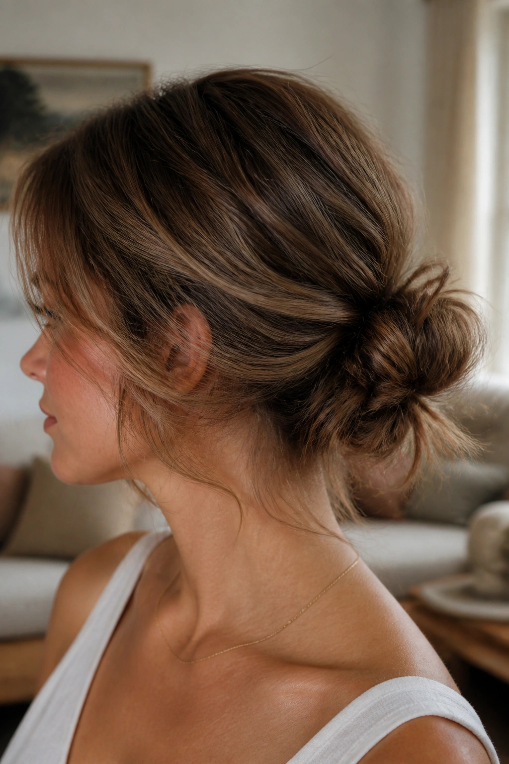 Real woman with an undone low bun and airy ends, relaxed textured look
