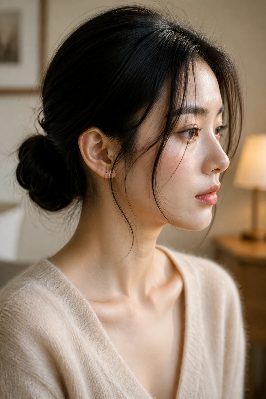 Real woman with a low bun and wispy front strands in a warm interior