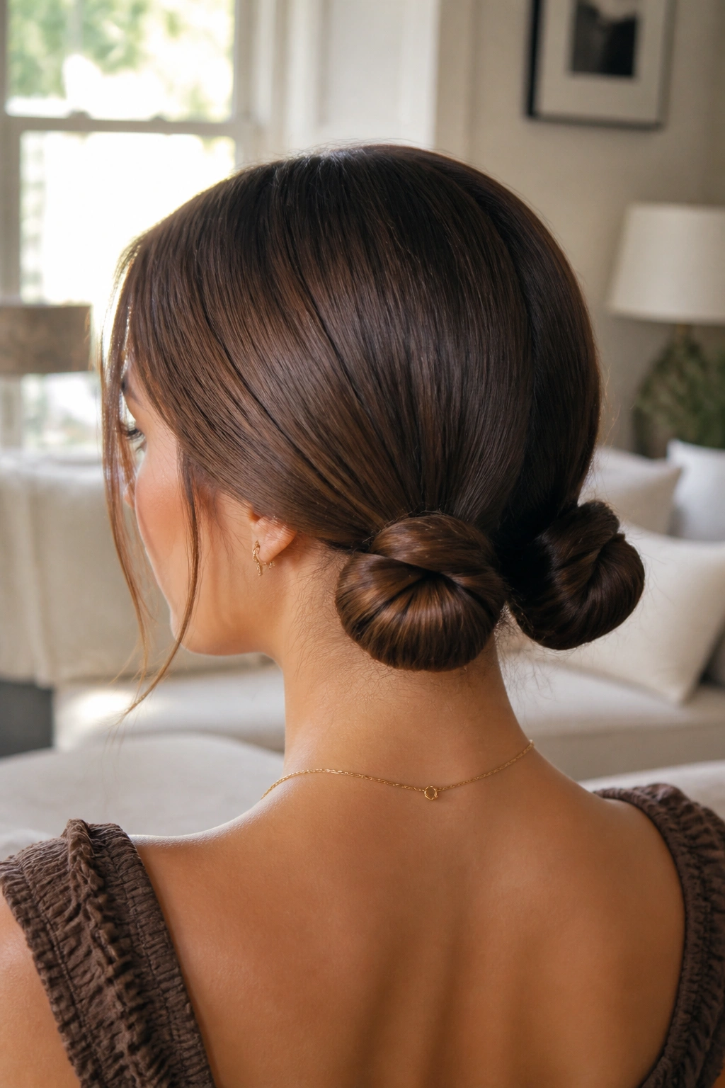 Portrait of woman with two low buns at the nape, straight hair.