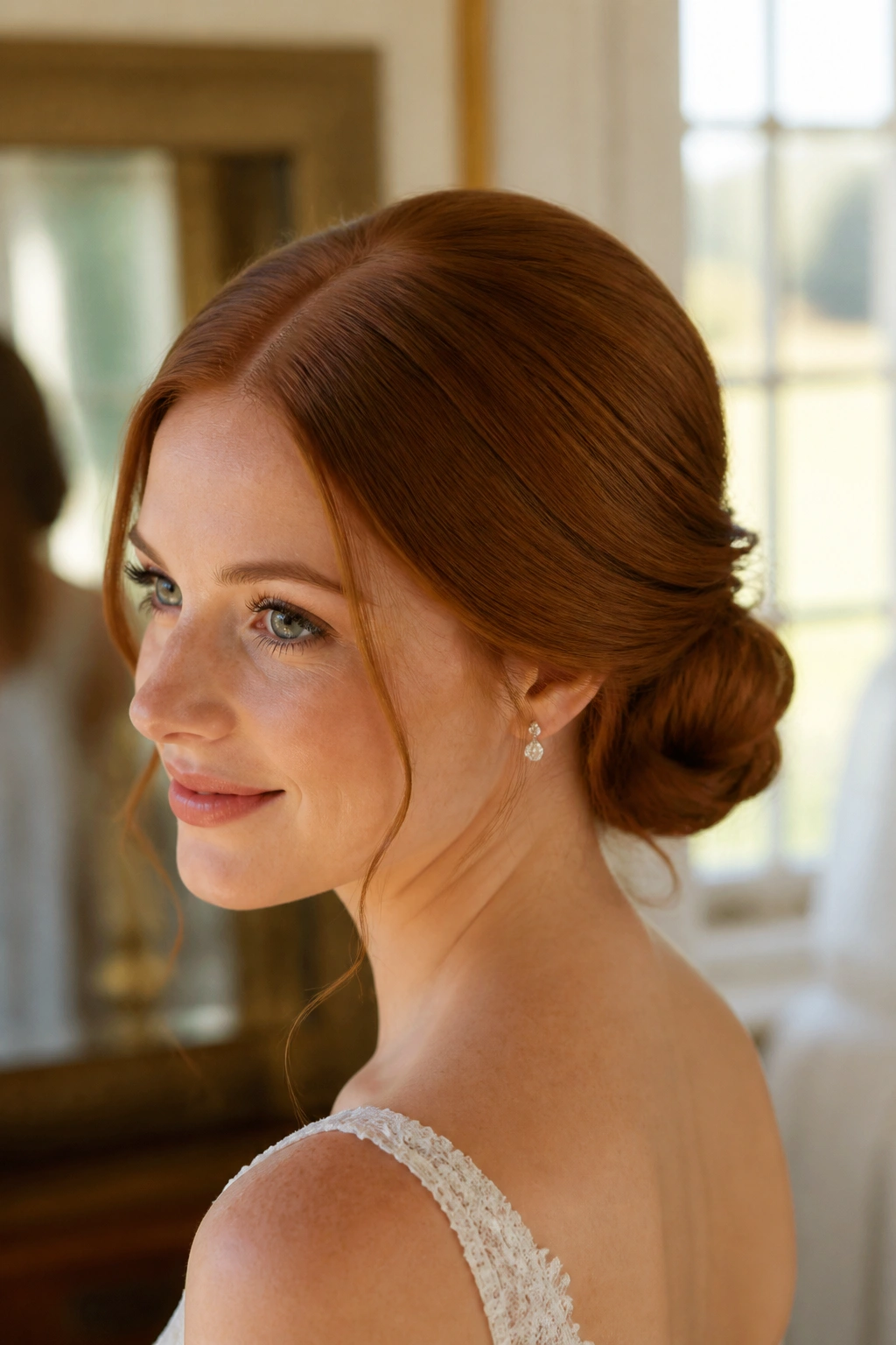 Close-up of a real woman with a low center-part chignon in auburn hair.