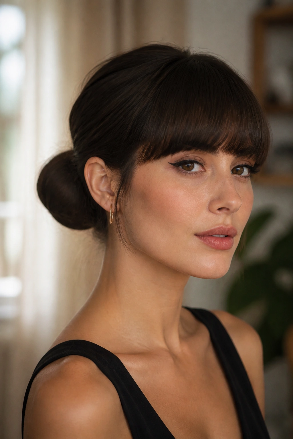 Portrait of a woman with a low chignon and blunt bangs