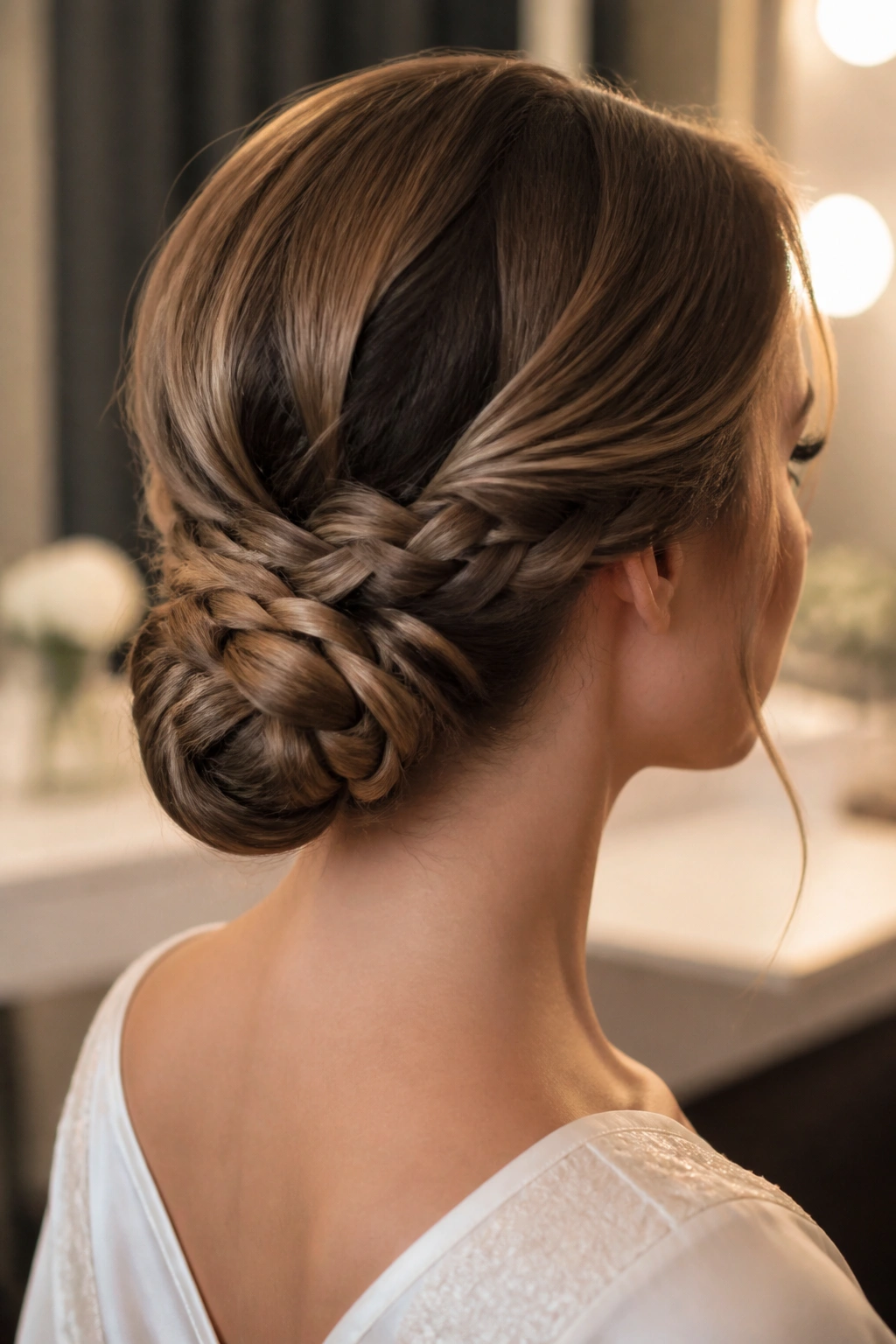 Close-up of a real woman with a braided low chignon, nape braid visible.