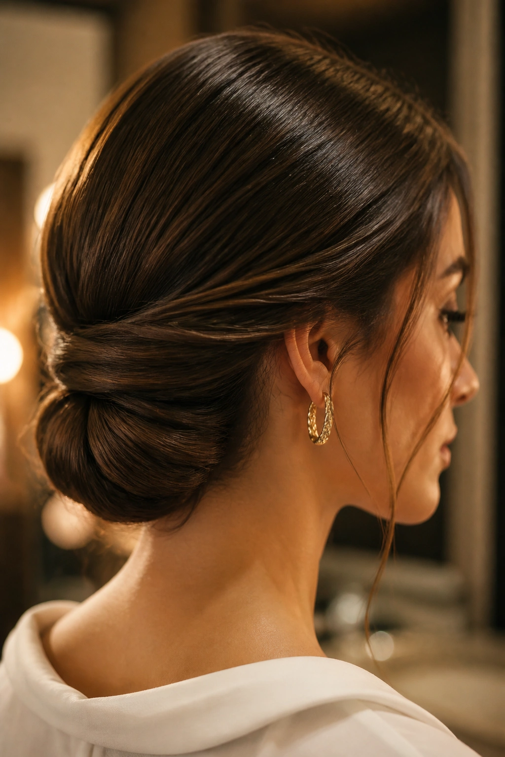 Profile view of real woman with a low chignon and a smooth, elongated finish