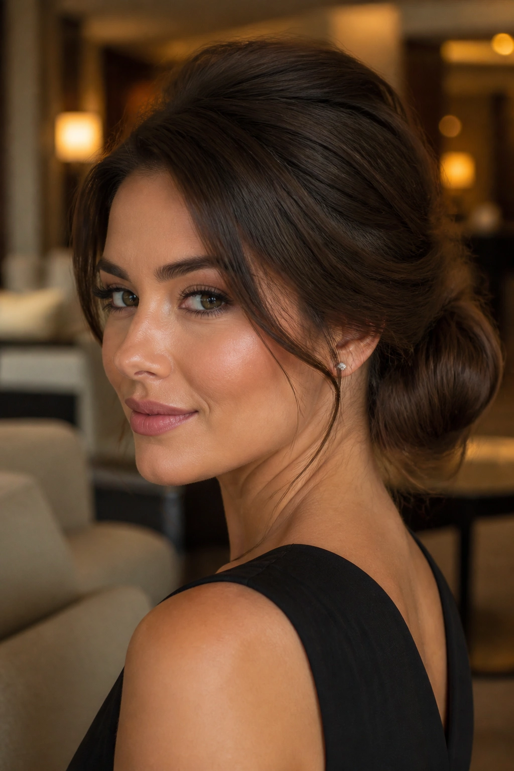 Close-up of a real woman with a low chignon and crown lift