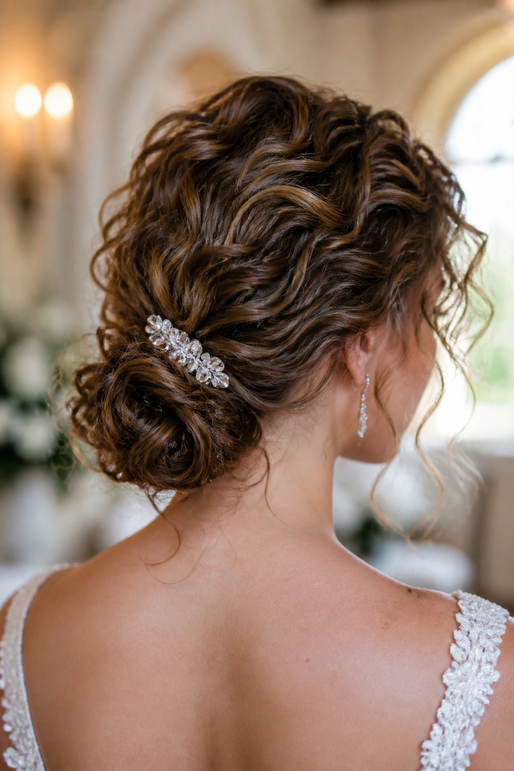 Close-up of a real bride with a soft curly low chignon and crystal pin at the nape