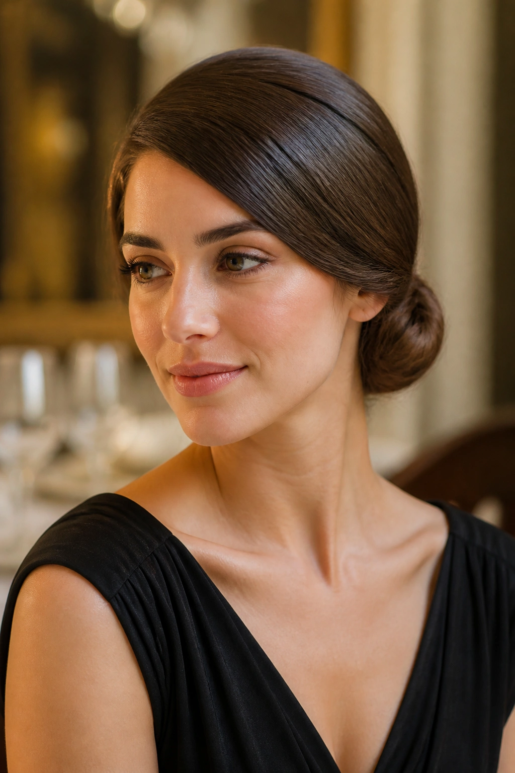 Close-up of a woman with a deep side part and a low chignon at the nape.