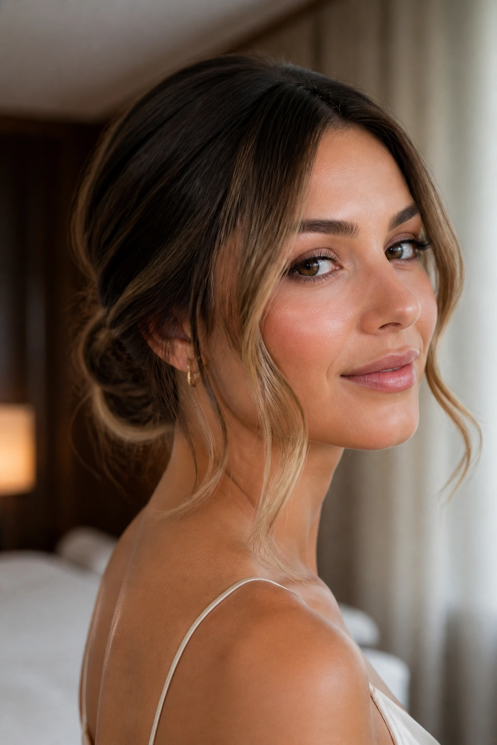 Close-up of a woman with a low chignon and face-framing pieces in soft hotel-room light