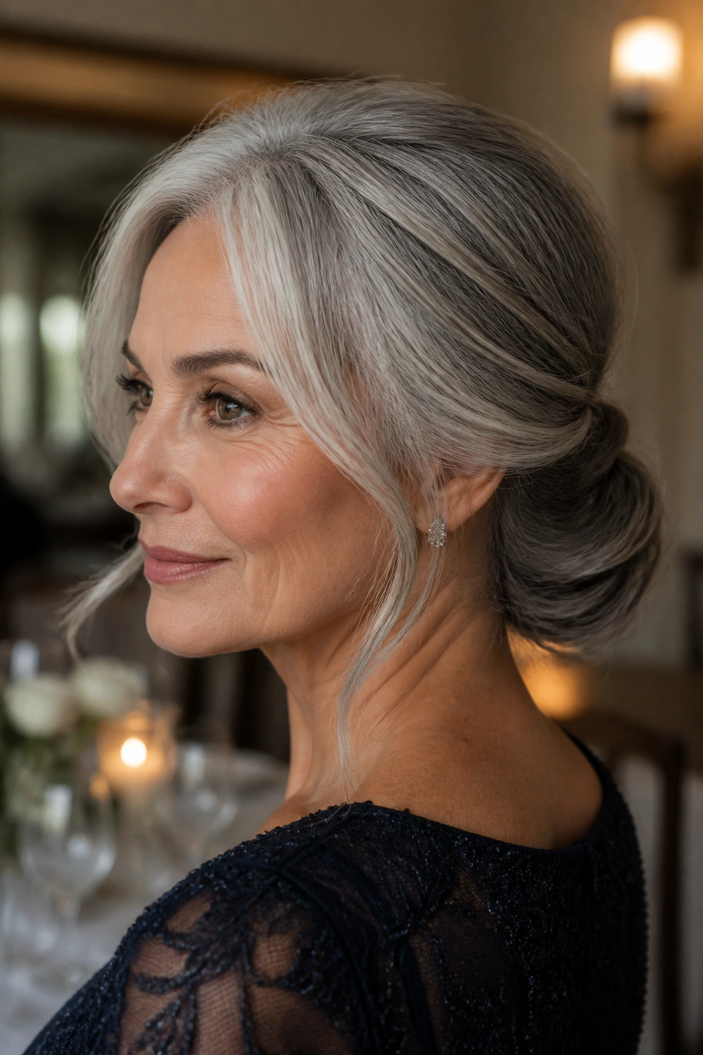 Real woman with low chignon and face-framing pieces in warm elegant setting