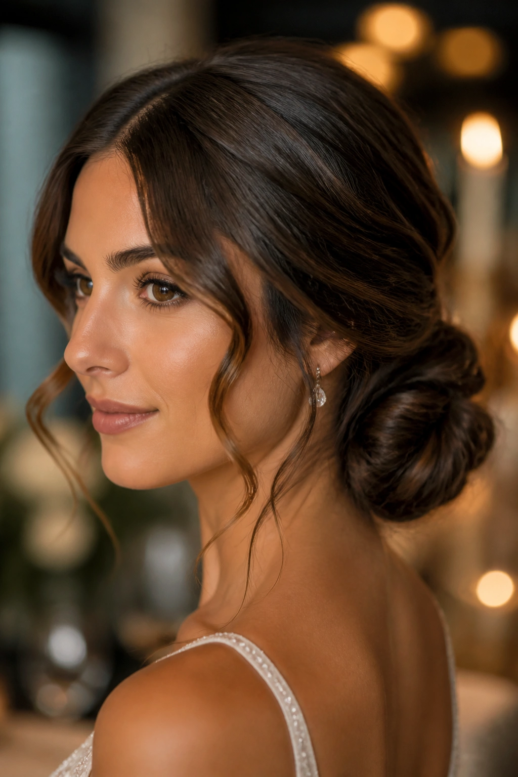 Real woman with a low chignon and loose face-framing curls in warm light