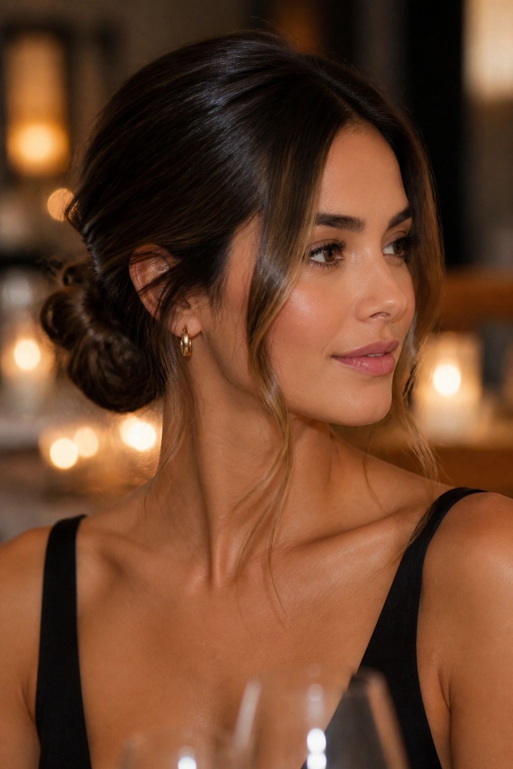Close-up of a real woman with a low chignon and face-framing pieces in candlelit setting