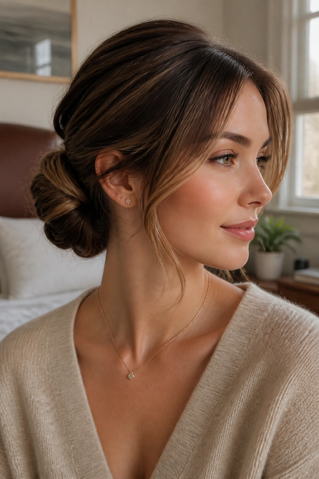 Close-up of a real woman wearing a low chignon with soft temple pieces