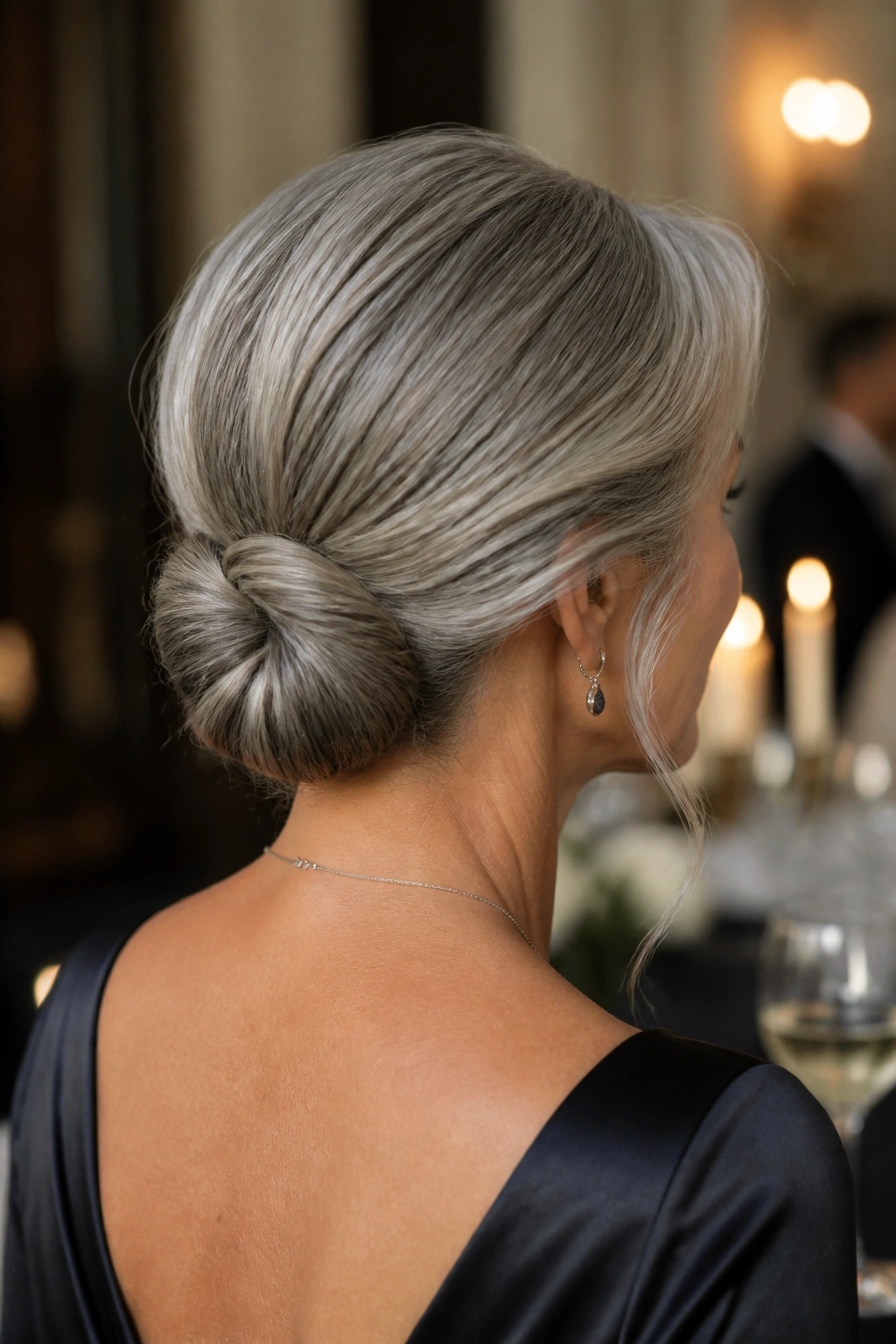 Rear view of a mature woman with a sleek low chignon at the nape.
