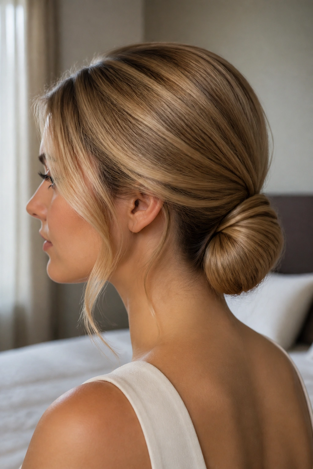 Close-up of a woman with a neat low chignon at the nape