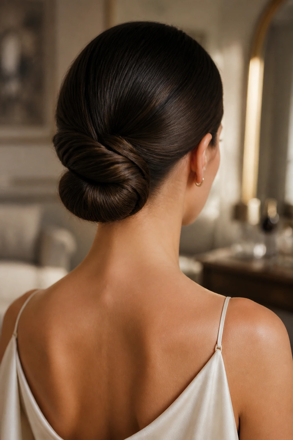 Back of head close-up showing a compact low chignon at the nape