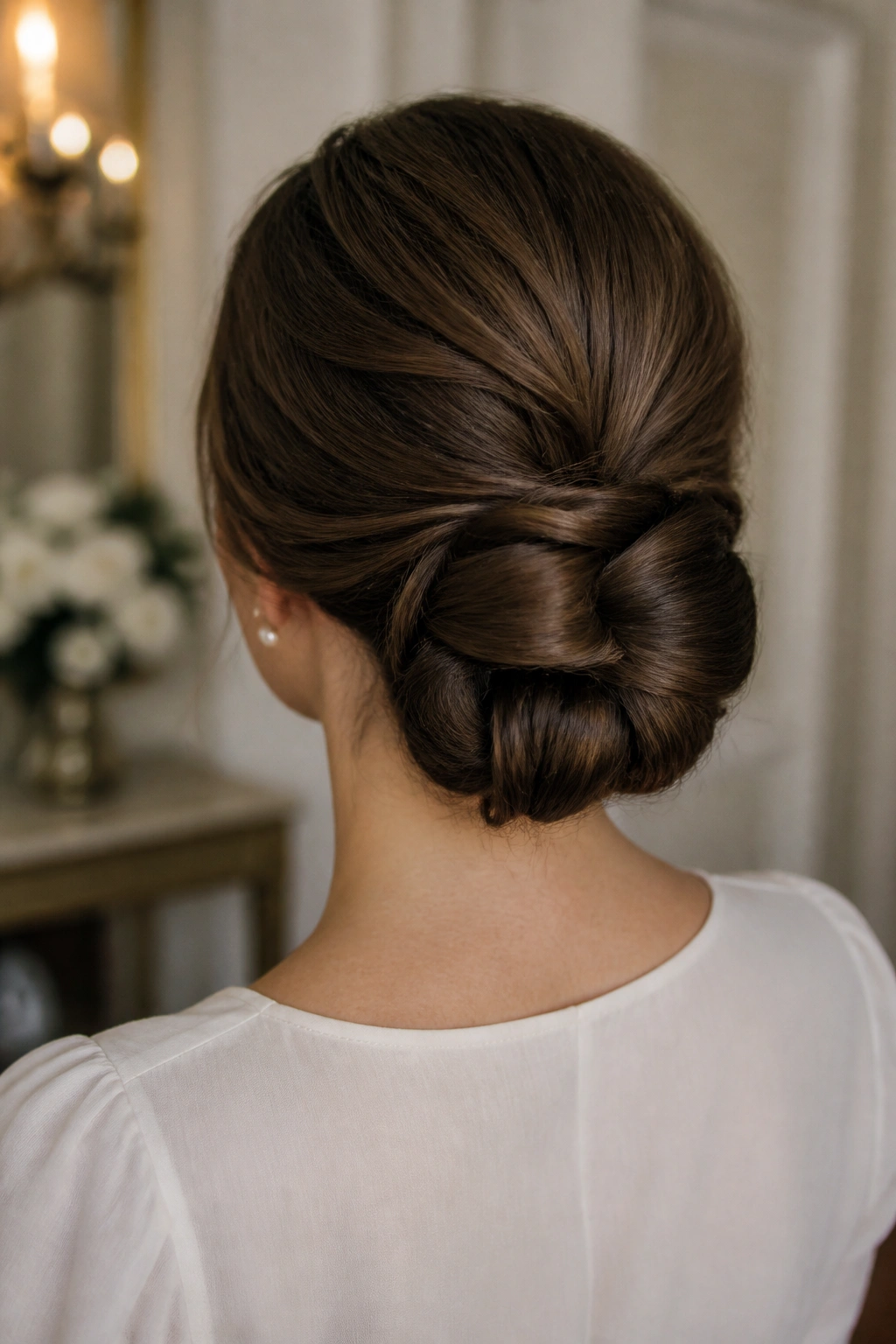Back view of real person with a low chignon at the nape