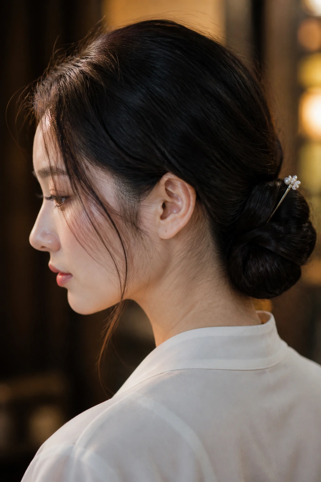 Close-up of a real woman wearing a low chignon at the nape with a kanzashi pin