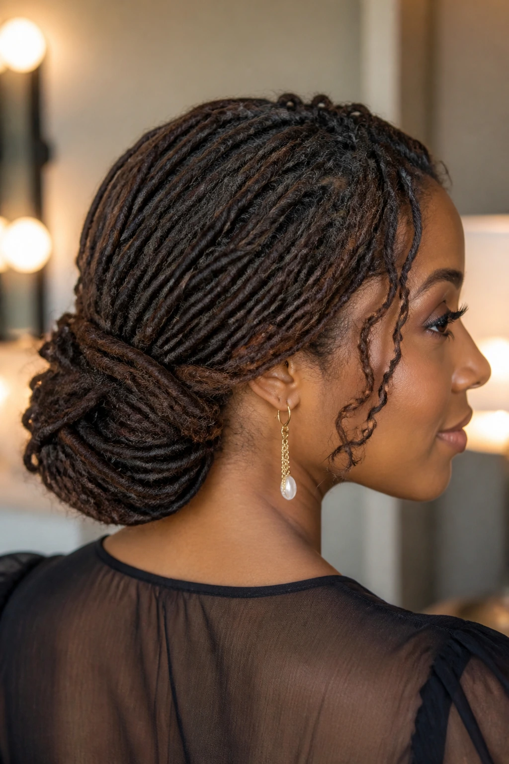 Real person with a loose low chignon at the nape