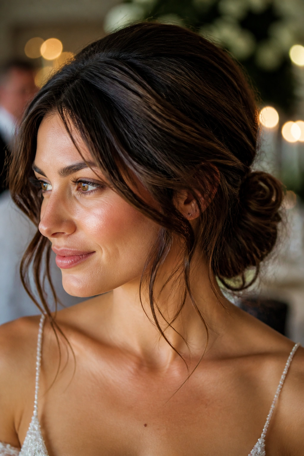 Close-up of a real woman with a low chignon and loose layers for a wedding look