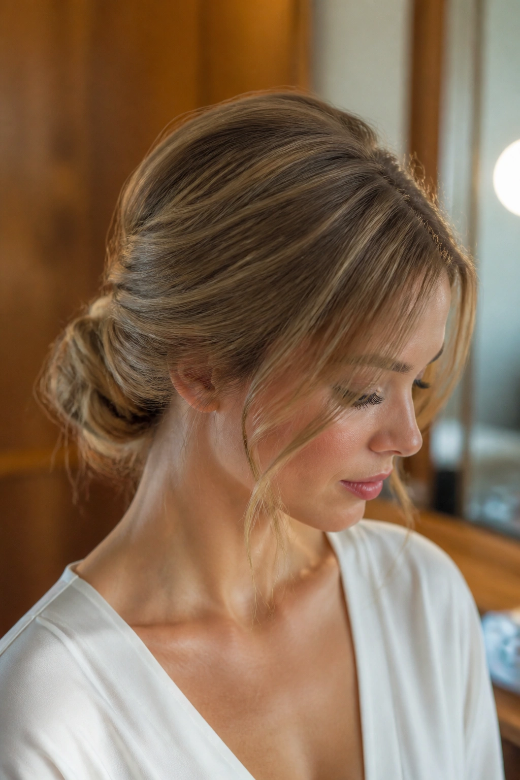 Close-up of a real woman with a soft low chignon and loose pieces at the nape