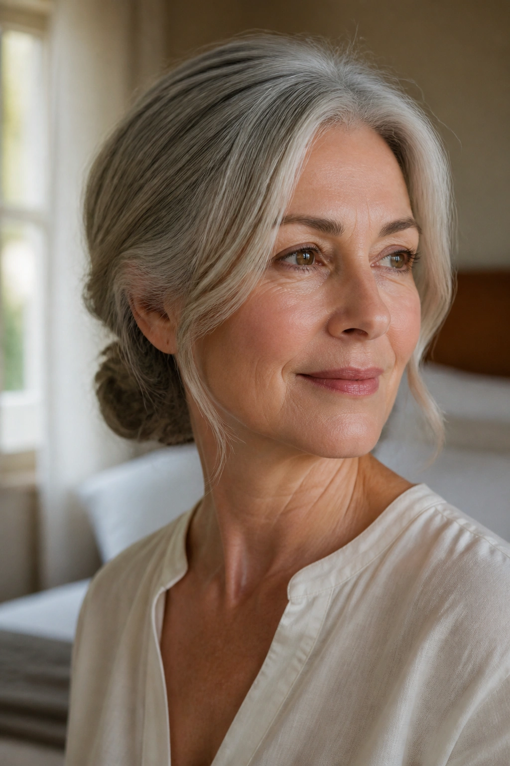 Close-up of a real woman's head and shoulders showcasing a low chignon with loose side pieces