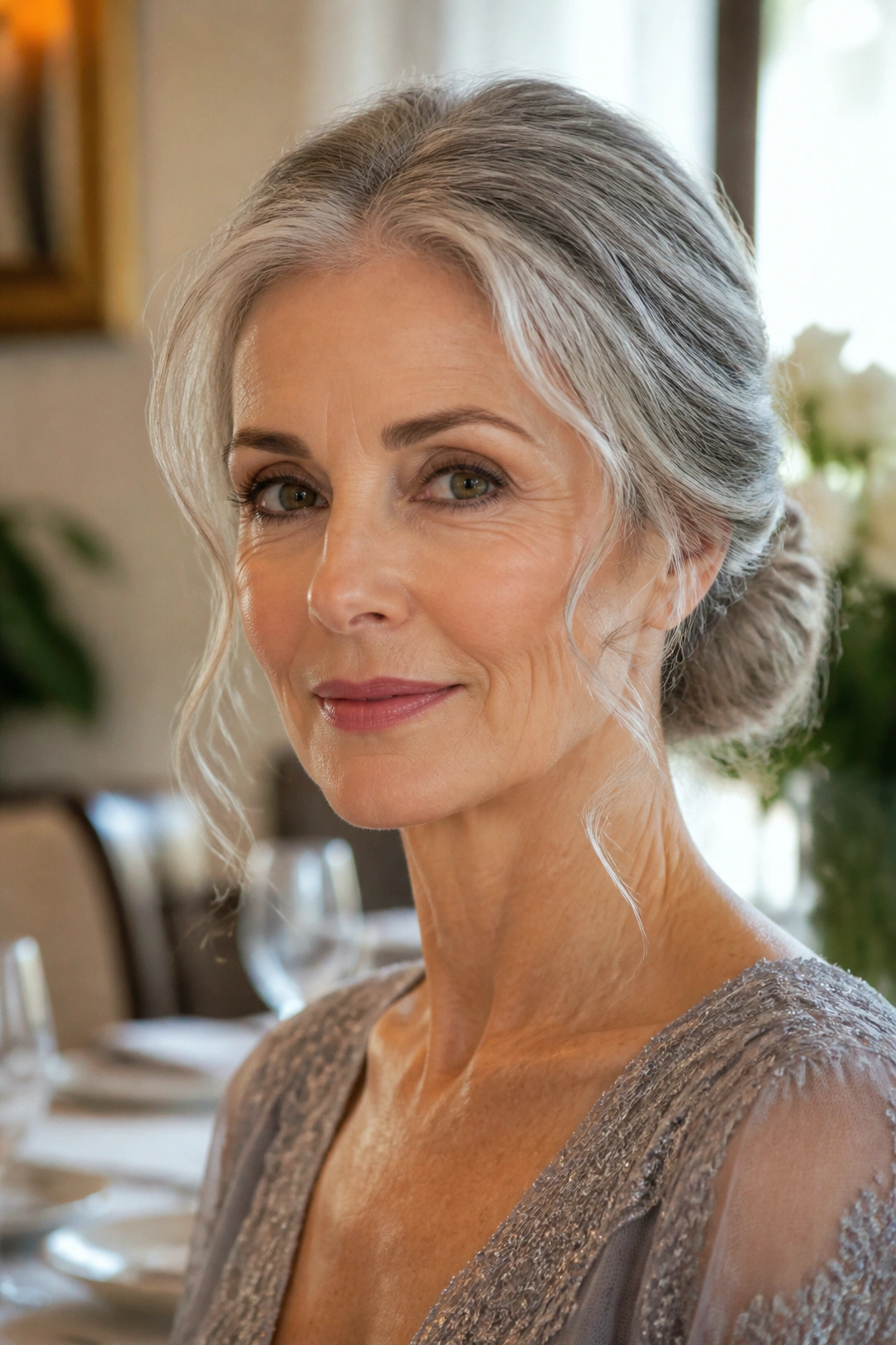 Close-up of a woman with a low chignon and loose tendrils.