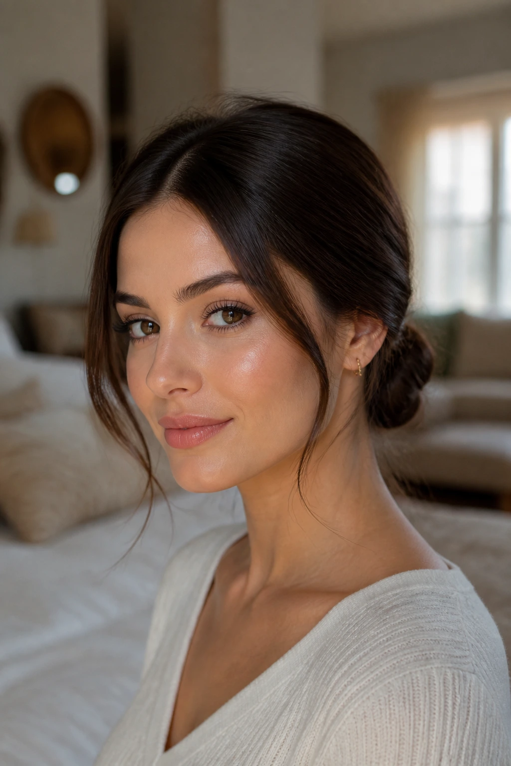 Close-up portrait of a woman with a low chignon and middle part, softly framing pieces near the cheeks