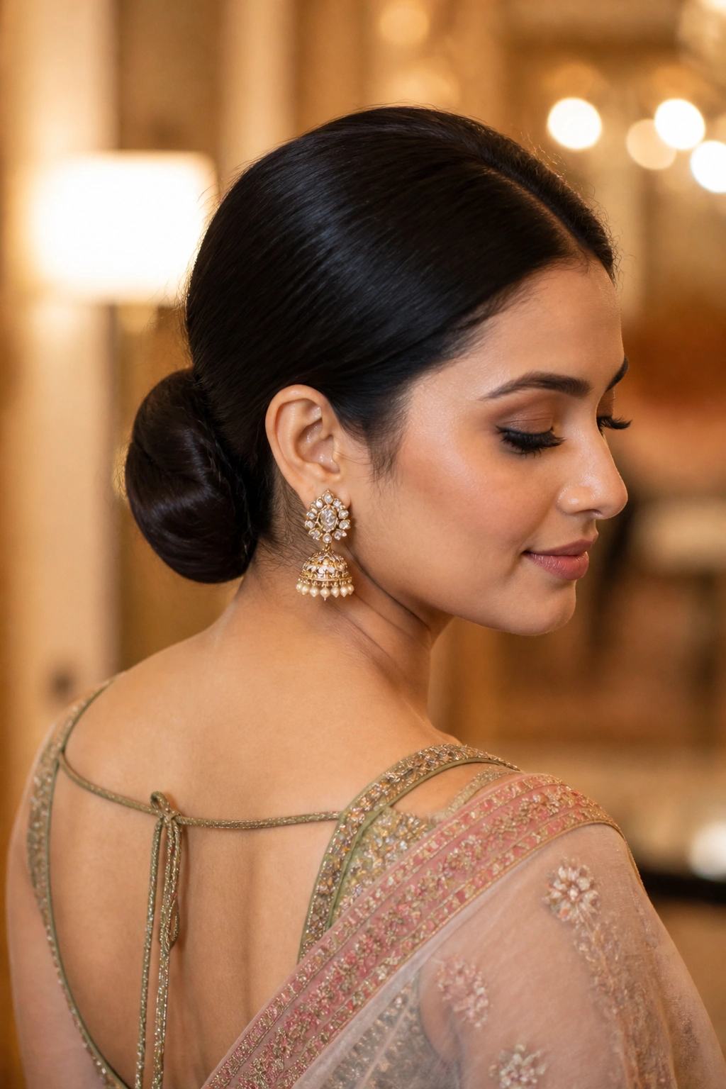 Close-up of a real woman with a sleek low chignon at the nape.
