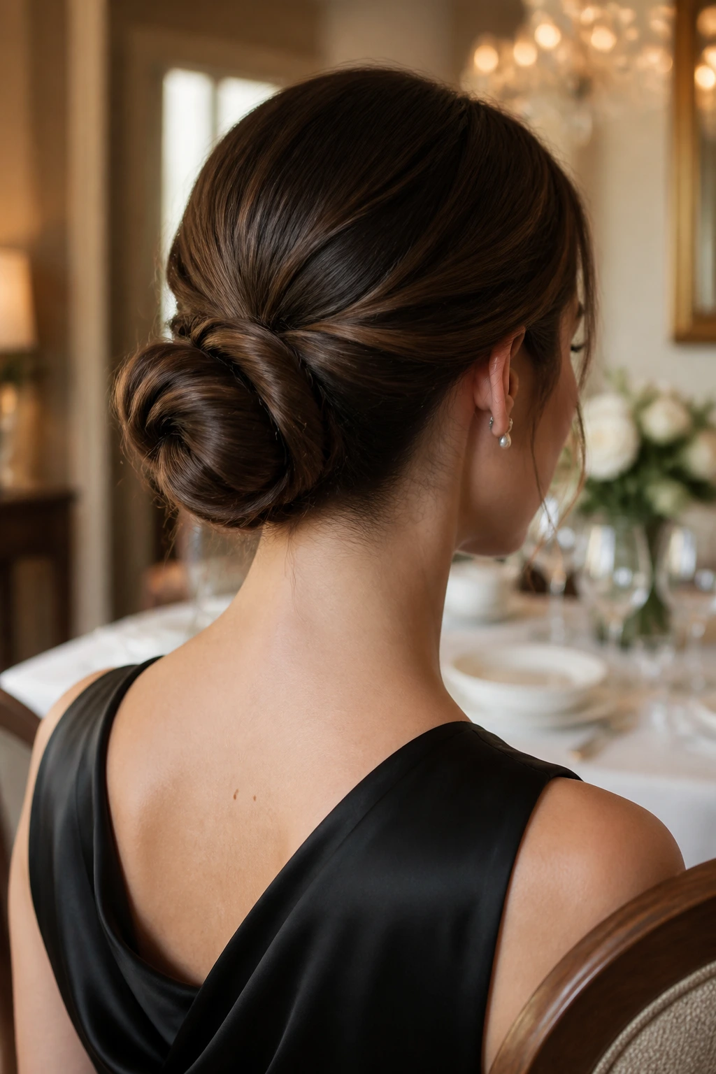 Back view of real woman's head with a low chignon at the nape.